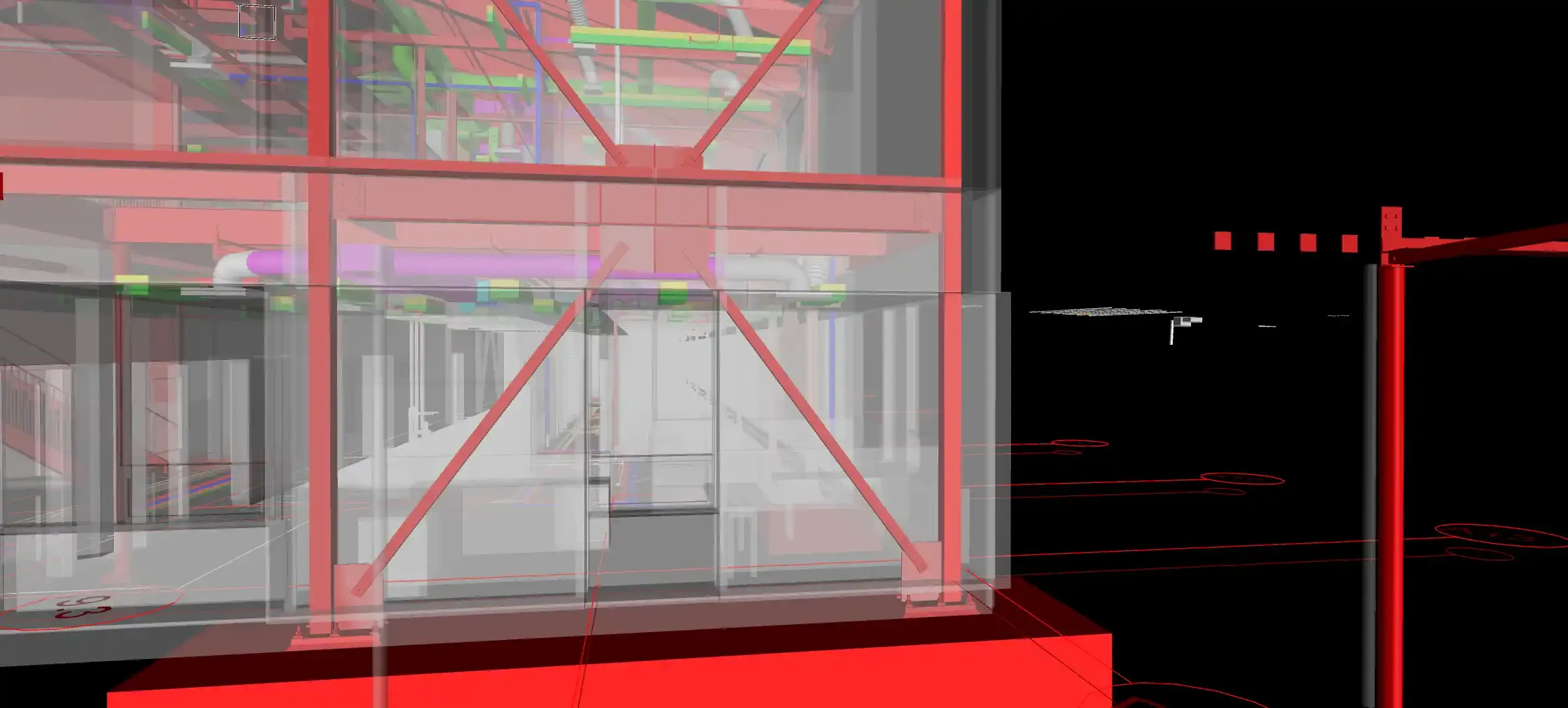 Image of 3D redered model of a portion of the new building showing the steel substructure within a semi-transparent wall assembly. Image of 3D redered model of a portion of the new building showing the steel substructure within a semi-transparent wall assembly.