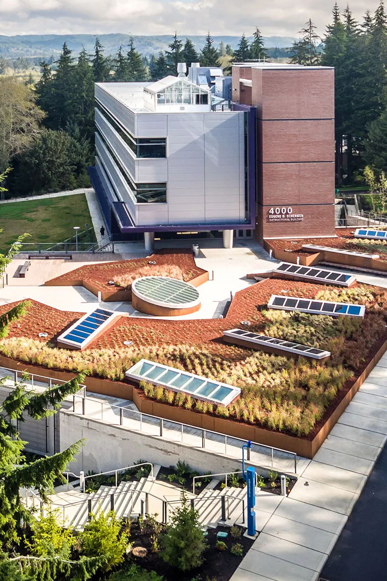 Photo taken from outside, showcasing the greenroof landscaping system over the ground-level wing of the new building.