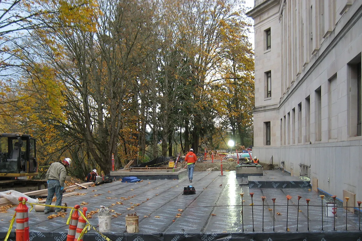 Top of new mechanical addition with the deck in place and covered with waterproofing membrane.