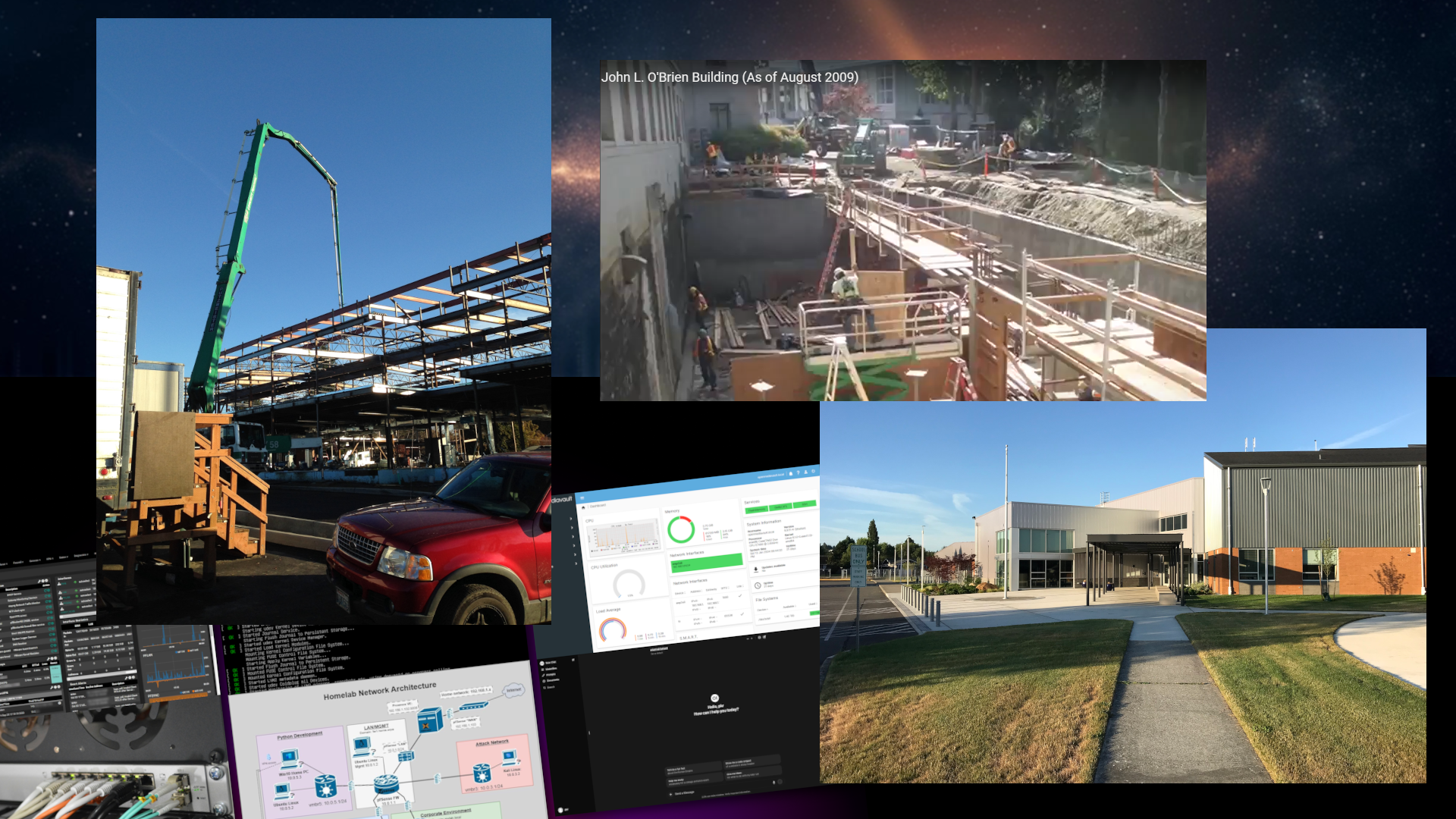 View of two website interfaces with modern and dark design. The first screen shows the title 'Behind the Code' with a rocket and dark background, explaining the origin of a community software project. The second screen presents a platform for finding speakers, with an attractive design, expert photos, and a prominent search button.
