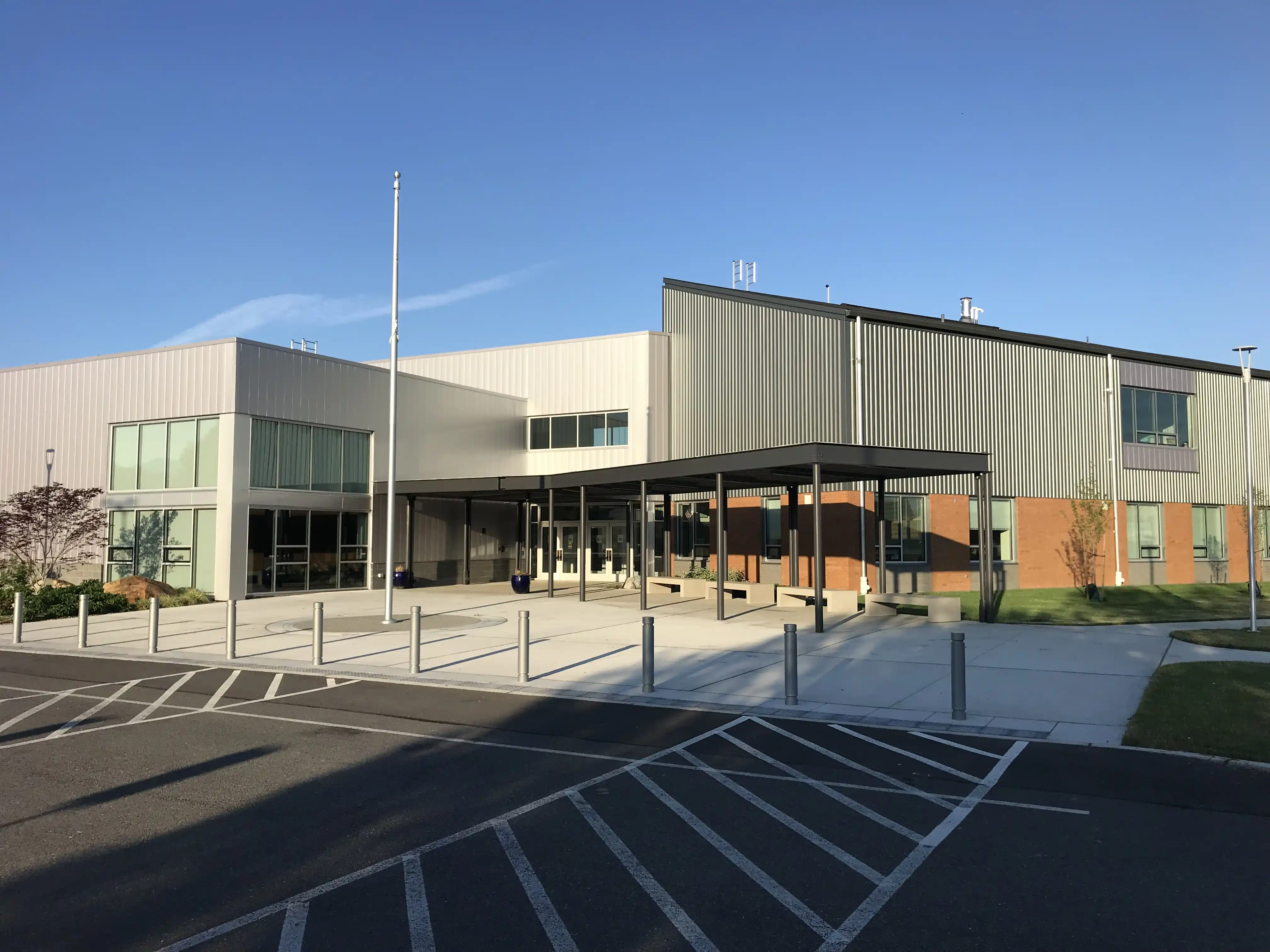 Image of the main entrance to the renovated school.