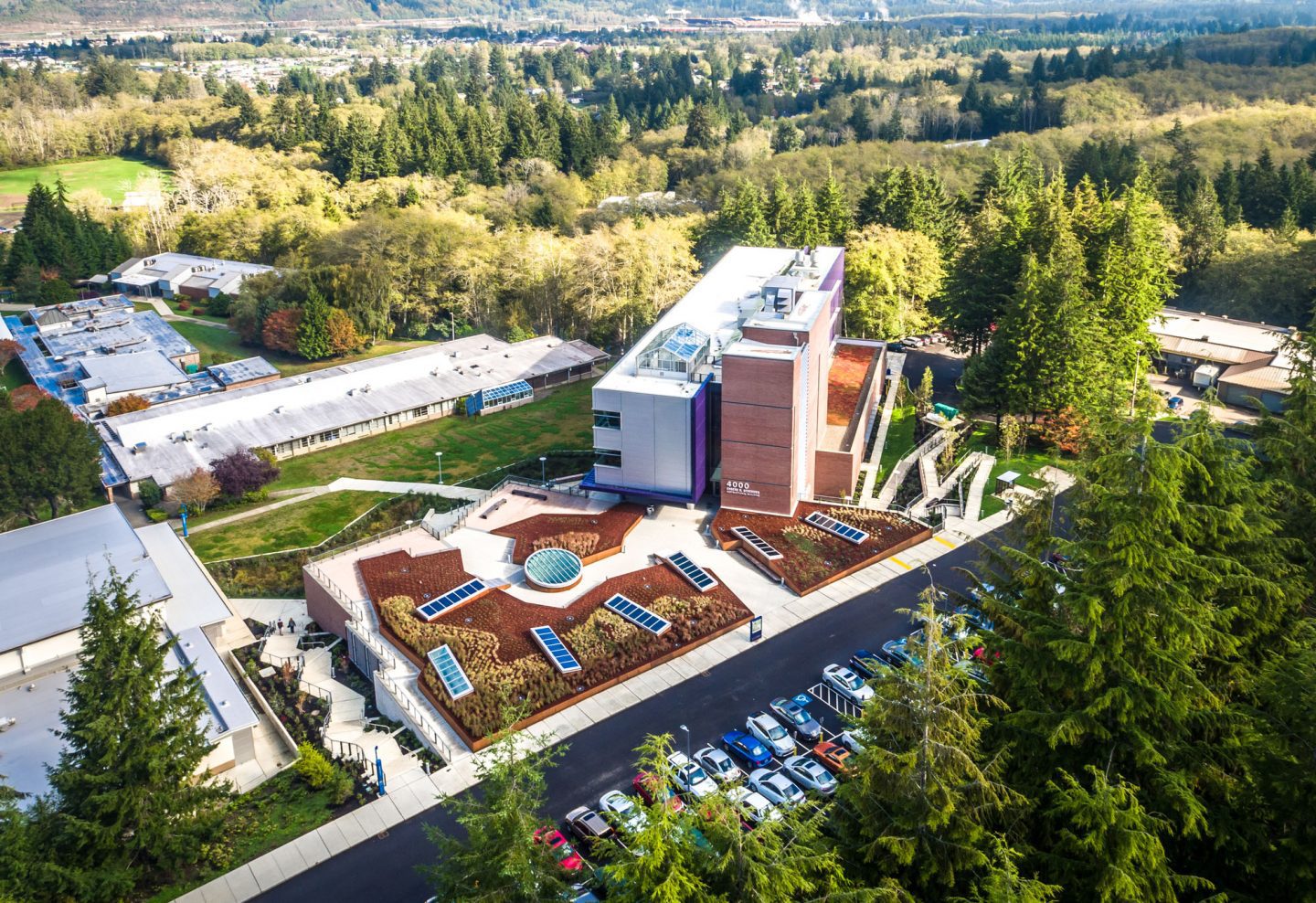 Image of the South entrance to the renovated Building 22 at the campus center.