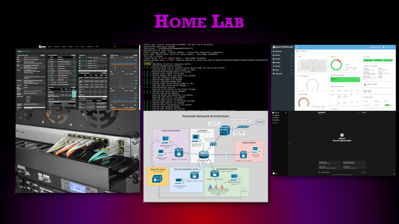 full screen splash of various images depicting home lab.