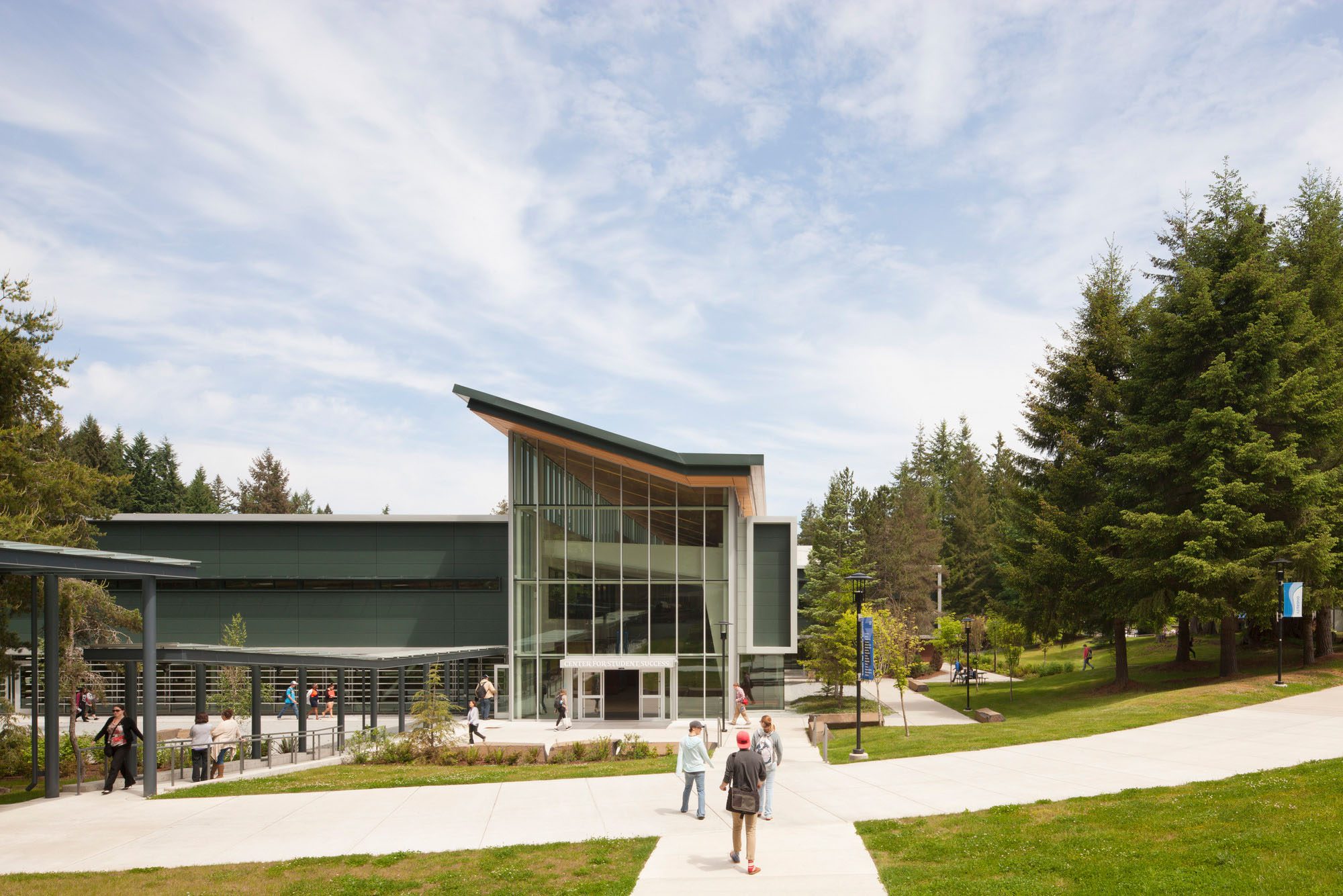 Image of the South entrance to the renovated Building 22 at the campus center.